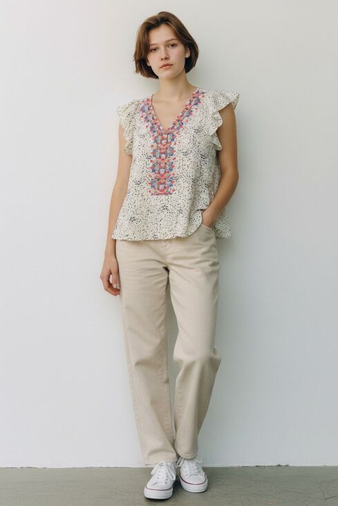 THML Tops - THML pullover style blouse embroidered front with ruffle cap sleeve sz Medium